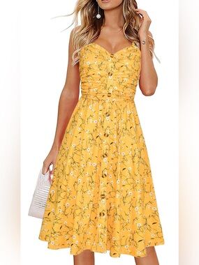 Drimmaks Women’s Yellow Floral Button-Front Sundress, Size Large, NEW!